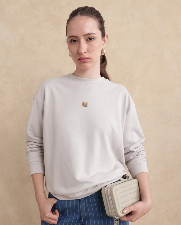 Rareism Womens Aimee Light Grey Sweatshirt Cotton Full Sleeve Crew Neck Solid
