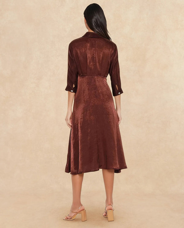 Rareism Women Airbaz Brown Velvet Kimono Sleeve Collared Neck Button Closure A-Line Midi Plain Dress