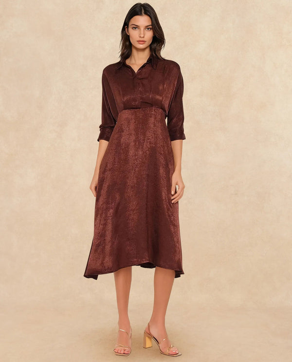 Rareism Women Airbaz Brown Velvet Kimono Sleeve Collared Neck Button Closure A-Line Midi Plain Dress