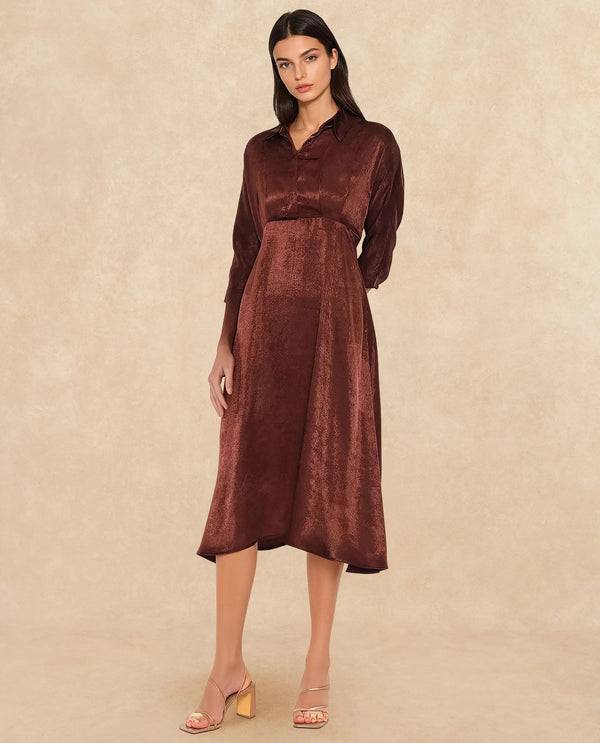 Rareism Women Airbaz Brown Velvet Kimono Sleeve Collared Neck Button Closure A-Line Midi Plain Dress