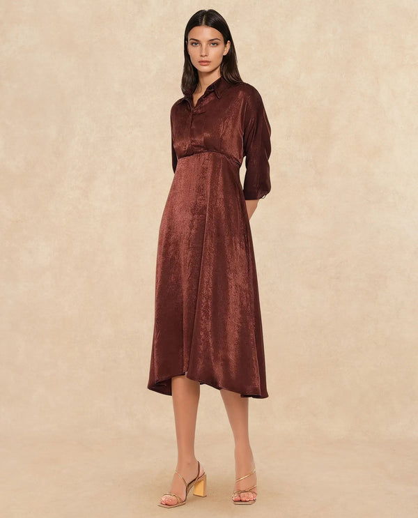Rareism Women Airbaz Brown Velvet Kimono Sleeve Collared Neck Button Closure A-Line Midi Plain Dress