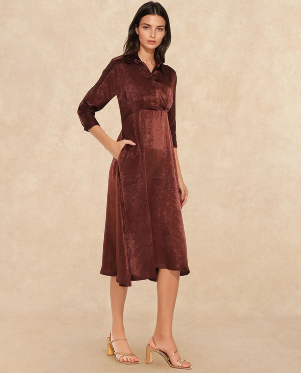 Rareism Women Airbaz Brown Velvet Kimono Sleeve Collared Neck Button Closure A-Line Midi Plain Dress