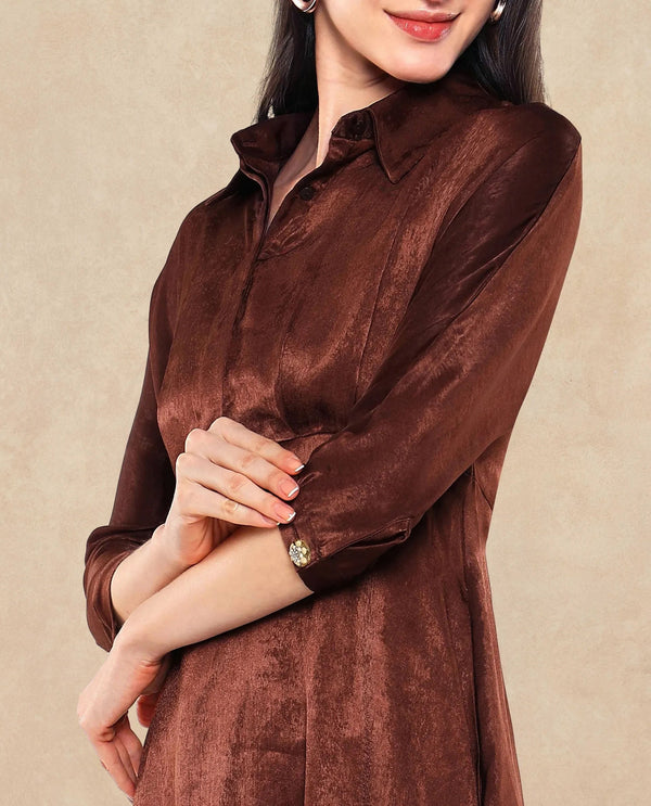 Rareism Women Airbaz Brown Velvet Kimono Sleeve Collared Neck Button Closure A-Line Midi Plain Dress