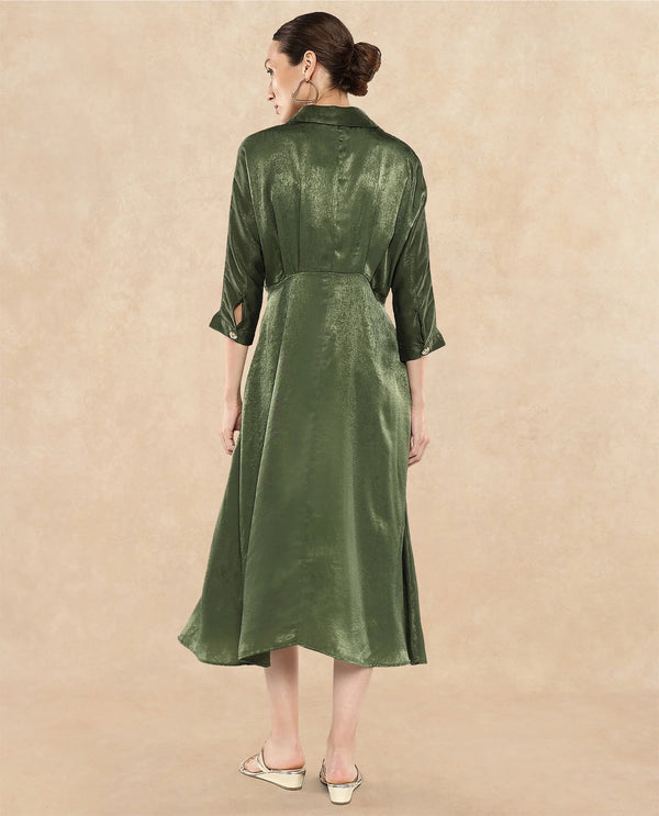 Rareism Women Airbaz Olive Velvet Satin Kimono Sleeve Collared Neck Button Closure A-Line Midi Plain Dress