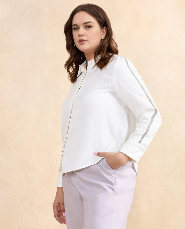 Rareism Women Aivva White Satin Cuffed Sleeve Collared Neck Button Closure Plain Shirt