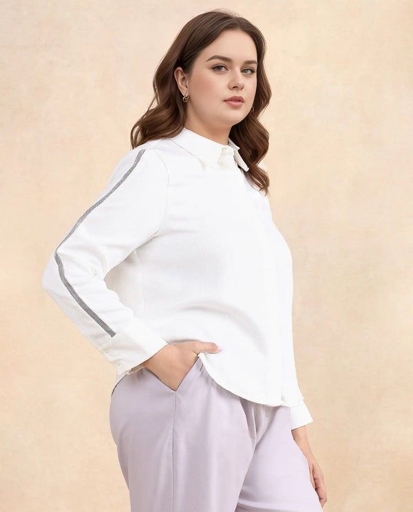 Rareism Women Aivva White Satin Cuffed Sleeve Collared Neck Button Closure Plain Shirt