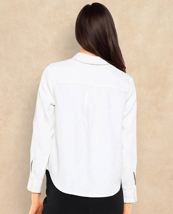 Rareism Women Aivva White Satin Cuffed Sleeve Collared Neck Button Closure Plain Shirt