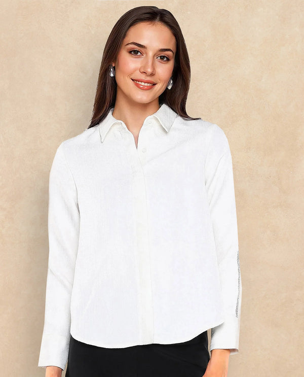 Rareism Women Aivva White Satin Cuffed Sleeve Collared Neck Button Closure Plain Shirt