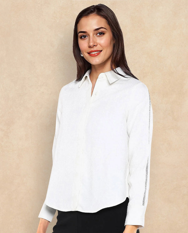 Rareism Women Aivva White Satin Cuffed Sleeve Collared Neck Button Closure Plain Shirt