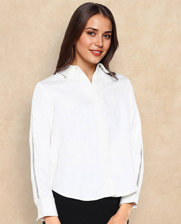 Rareism Women Aivva White Satin Cuffed Sleeve Collared Neck Button Closure Plain Shirt