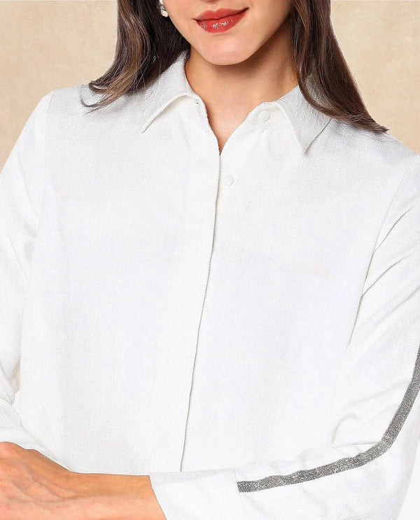Rareism Women Aivva White Satin Cuffed Sleeve Collared Neck Button Closure Plain Shirt