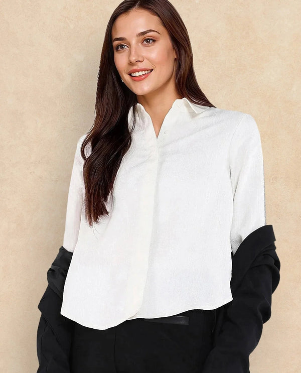 Rareism Women Aivva White Satin Cuffed Sleeve Collared Neck Button Closure Plain Shirt