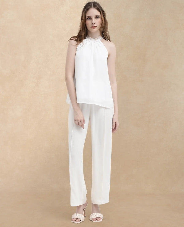Rareism Women Akane White Polyester Fabric Halter neck Sleeveless Round Neck  Solid Top