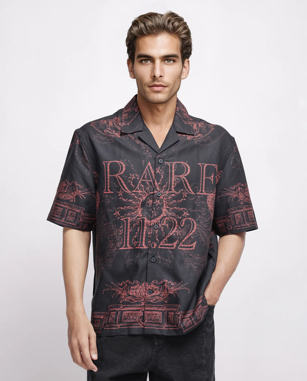 Rare Rabbit Men Aki Navy Viscose Fabric Half Sleeve Cuban Collar Button Closure Oversized Fit Placement Print Shirt