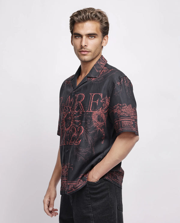 Rare Rabbit Men Aki Navy Viscose Fabric Half Sleeve Cuban Collar Button Closure Oversized Fit Placement Print Shirt