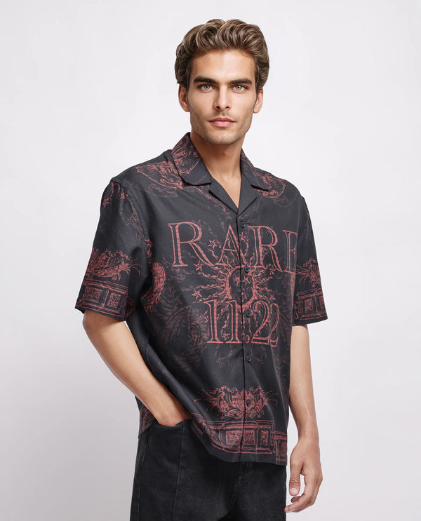 Rare Rabbit Men Aki Navy Viscose Fabric Half Sleeve Cuban Collar Button Closure Oversized Fit Placement Print Shirt