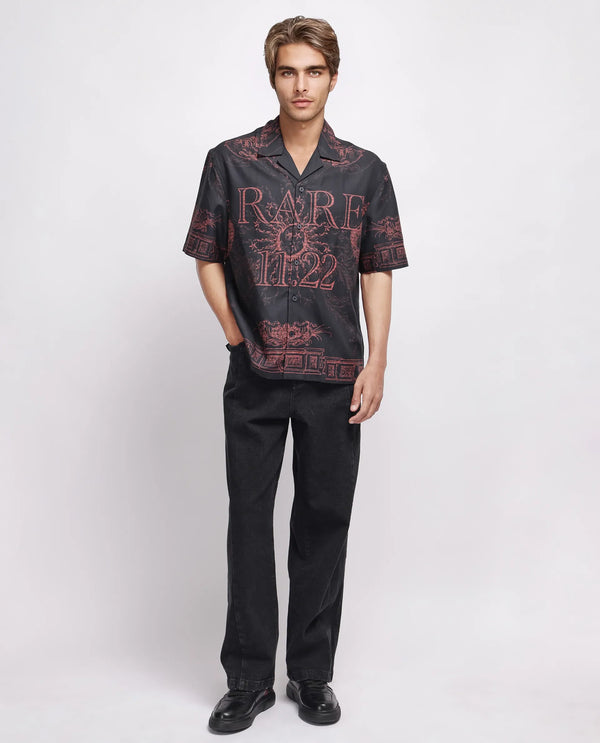 Rare Rabbit Men Aki Navy Viscose Fabric Half Sleeve Cuban Collar Button Closure Oversized Fit Placement Print Shirt