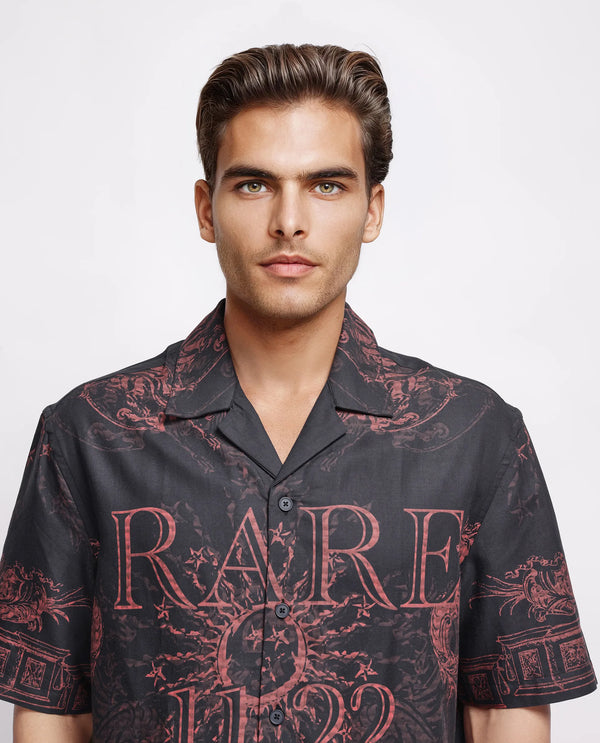 Rare Rabbit Men Aki Navy Viscose Fabric Half Sleeve Cuban Collar Button Closure Oversized Fit Placement Print Shirt