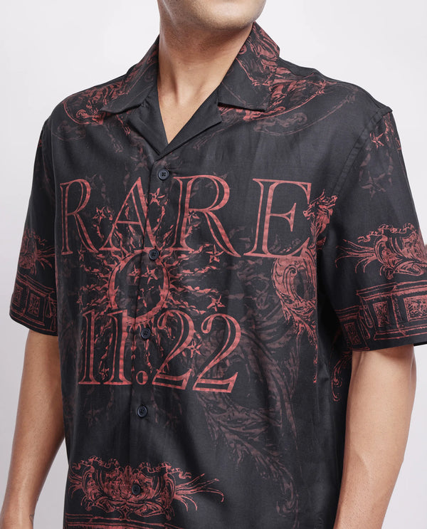 Rare Rabbit Men Aki Navy Viscose Fabric Half Sleeve Cuban Collar Button Closure Oversized Fit Placement Print Shirt