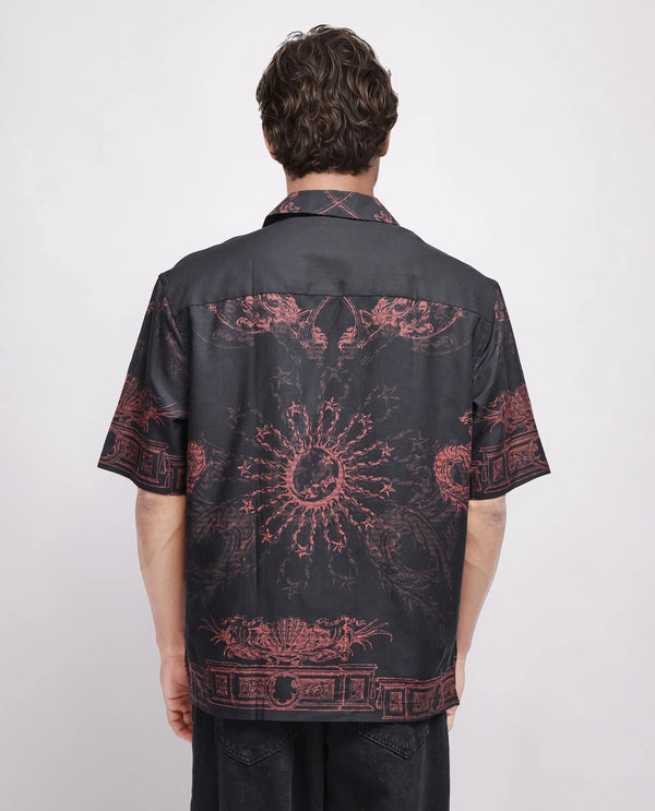 Rare Rabbit Men Aki Navy Viscose Fabric Half Sleeve Cuban Collar Button Closure Oversized Fit Placement Print Shirt