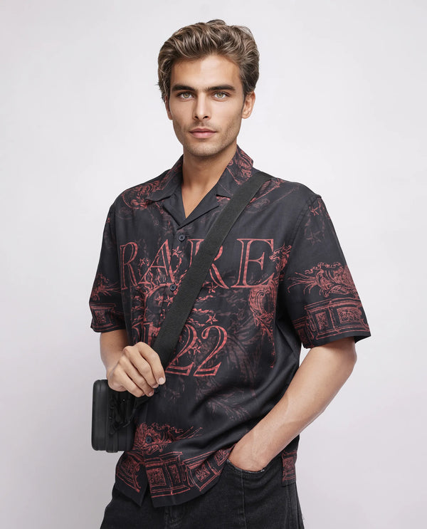 Rare Rabbit Men Aki Navy Viscose Fabric Half Sleeve Cuban Collar Button Closure Oversized Fit Placement Print Shirt