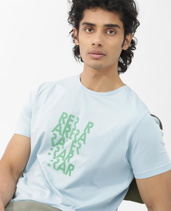 Rare Rabbit Mens Akro Light Blue Cotton Lycra Fabric Half Sleeves Graphic Print T-Shirt