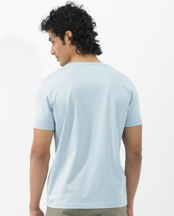 Rare Rabbit Mens Akro Light Blue Cotton Lycra Fabric Half Sleeves Graphic Print T-Shirt