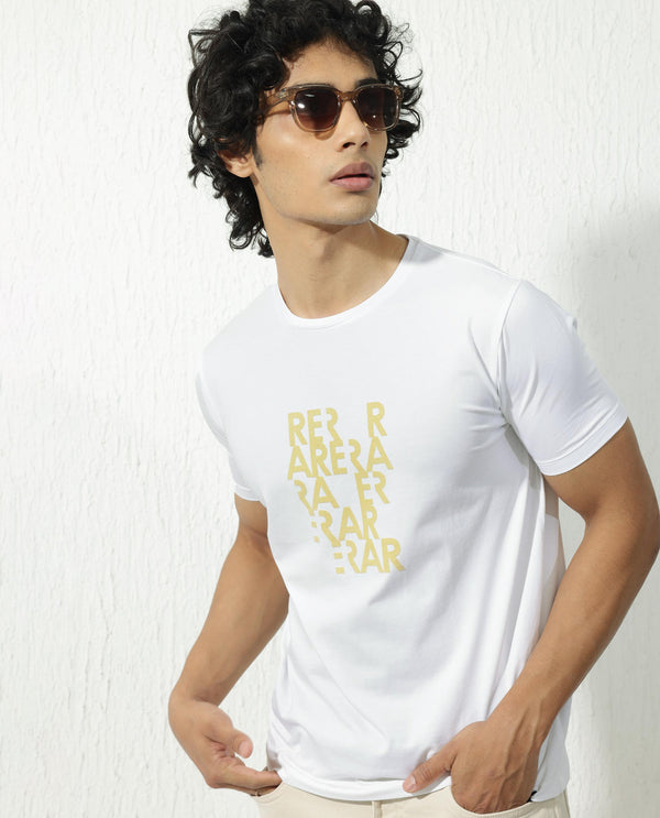 Rare Rabbit Men's Akro White Cotton Lycra Fabric Half Sleeves Graphic Print T-Shirt