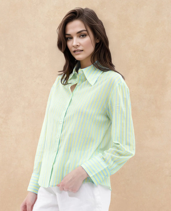 Rareism Women Aksana Blue Cotton Fabric Regular Sleeves Collared Neck Printed Regular Length Shirt