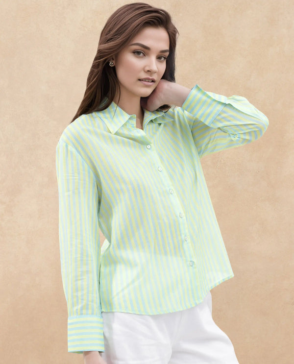 Rareism Women Aksana Blue Cotton Fabric Regular Sleeves Collared Neck Printed Regular Length Shirt
