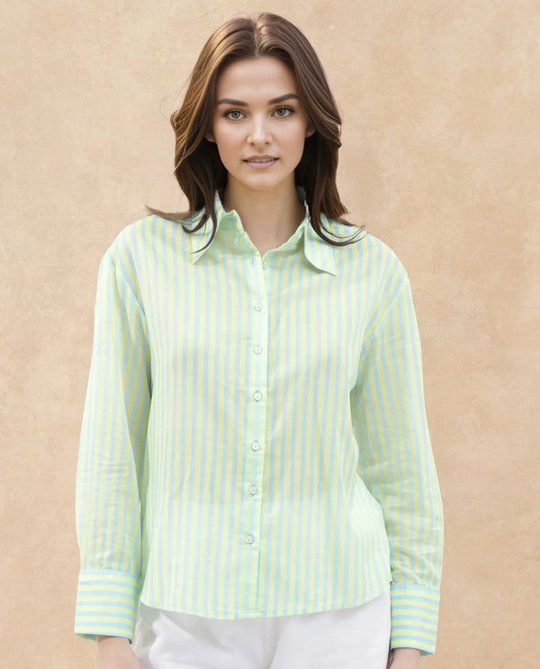 Rareism Women Aksana Blue Cotton Fabric Regular Sleeves Collared Neck Printed Regular Length Shirt