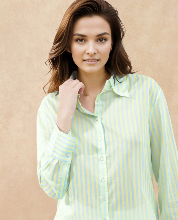Rareism Women Aksana Blue Cotton Fabric Regular Sleeves Collared Neck Printed Regular Length Shirt