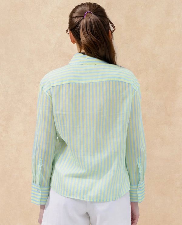 Rareism Women Aksana Blue Cotton Fabric Regular Sleeves Collared Neck Printed Regular Length Shirt