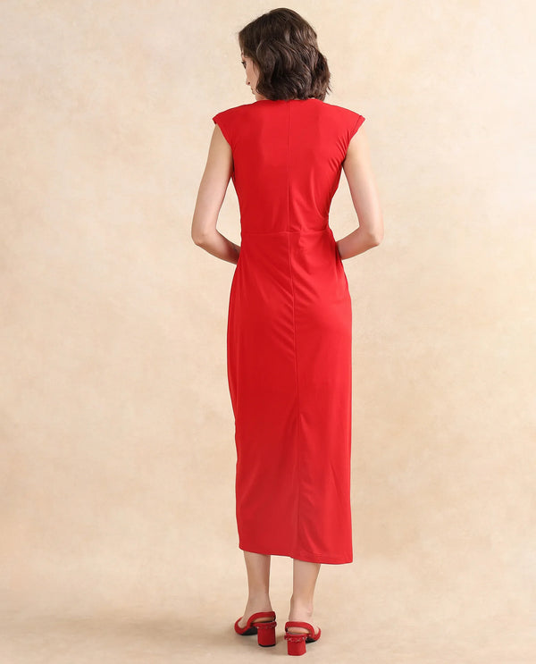 Rareism Women Aksaray Maroon Sleeveless Wrap Neck Fitted Maxi Plain Dress