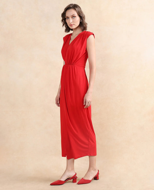 Rareism Women Aksaray Maroon Sleeveless Wrap Neck Fitted Maxi Plain Dress