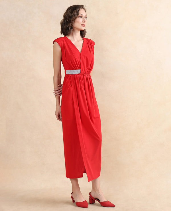 Rareism Women Aksaray Maroon Sleeveless Wrap Neck Fitted Maxi Plain Dress