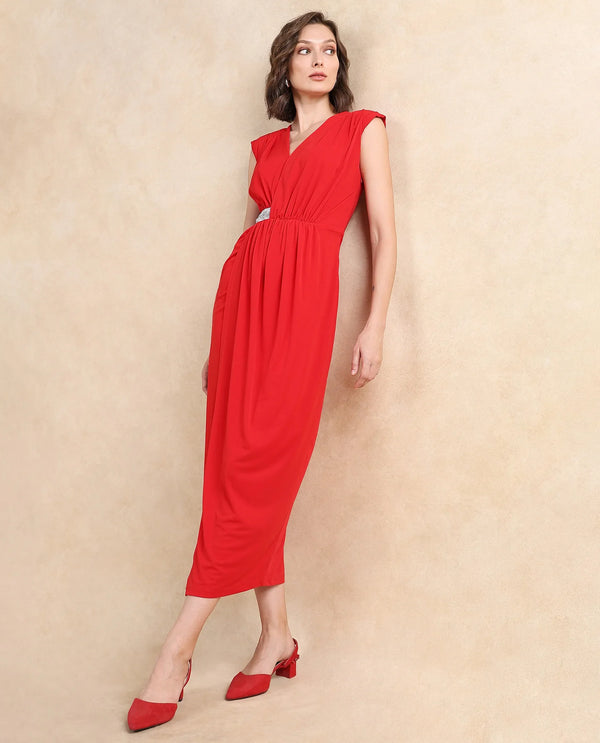 Rareism Women Aksaray Maroon Sleeveless Wrap Neck Fitted Maxi Plain Dress