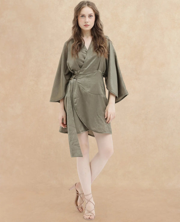 Rareism Women's Alapeno Dark Olive Polyester Fabric Overlap Neck Tie-Up Closure Bell Sleeve Plain Fit And Flare Mini Dress