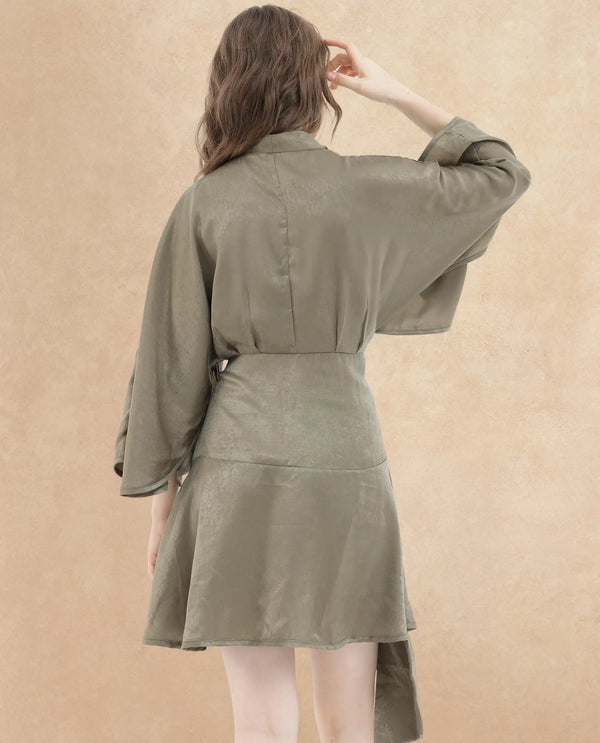 Rareism Women's Alapeno Dark Olive Polyester Fabric Overlap Neck Tie-Up Closure Bell Sleeve Plain Fit And Flare Mini Dress