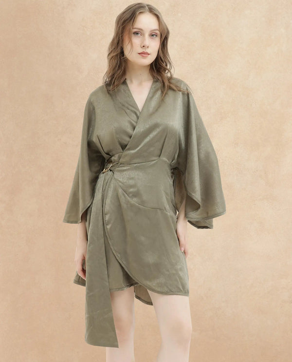 Rareism Women's Alapeno Dark Olive Polyester Fabric Overlap Neck Tie-Up Closure Bell Sleeve Plain Fit And Flare Mini Dress