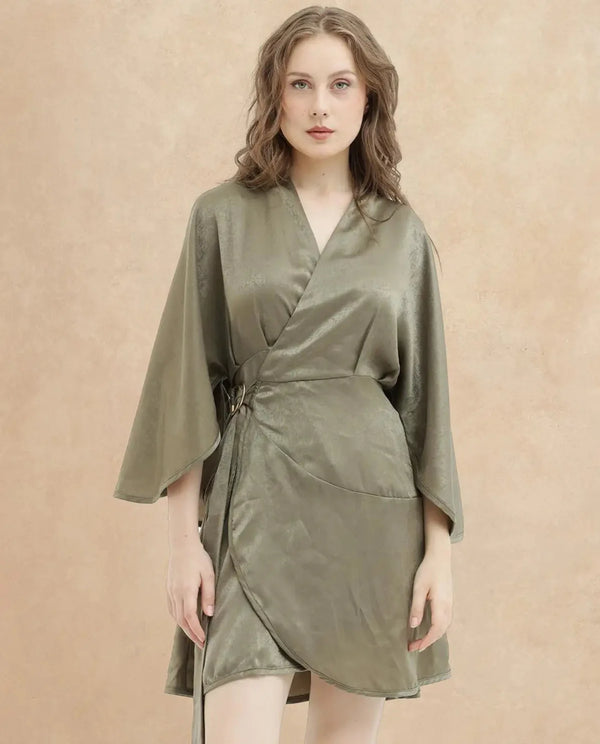 Rareism Women's Alapeno Dark Olive Polyester Fabric Overlap Neck Tie-Up Closure Bell Sleeve Plain Fit And Flare Mini Dress