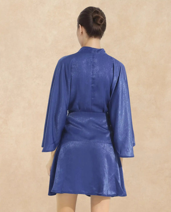 Rareism Women's Alapeno Blue Overlap Neck Tie-Up Closure Bell Sleeve Plain Fit And Flare Mini Dress