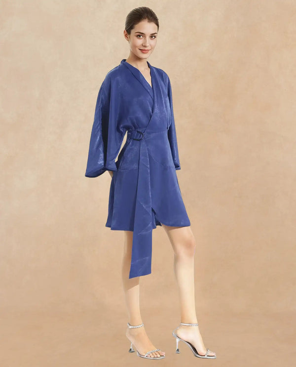 Rareism Women's Alapeno Blue Overlap Neck Tie-Up Closure Bell Sleeve Plain Fit And Flare Mini Dress