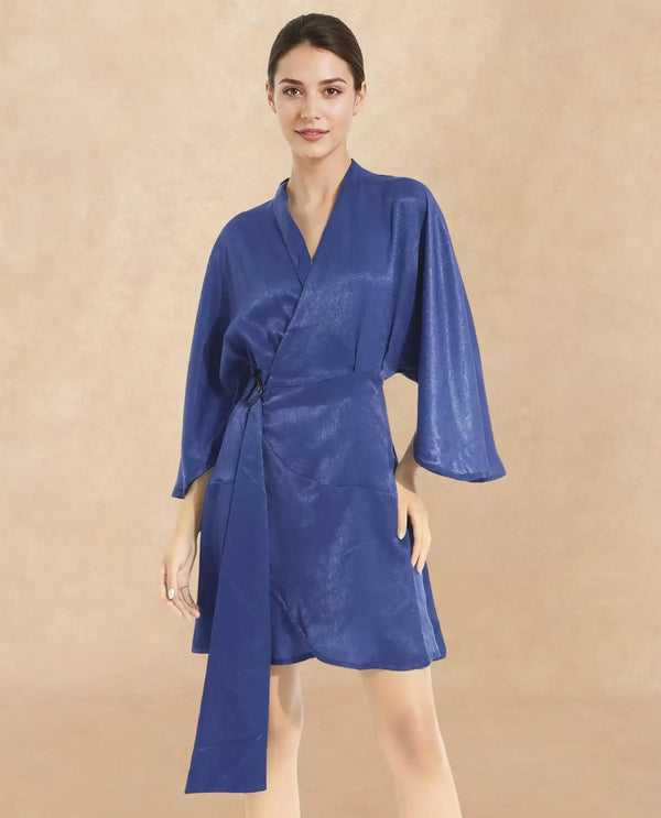 Rareism Women's Alapeno Blue Overlap Neck Tie-Up Closure Bell Sleeve Plain Fit And Flare Mini Dress