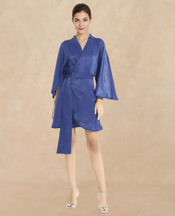 Rareism Women's Alapeno Blue Overlap Neck Tie-Up Closure Bell Sleeve Plain Fit And Flare Mini Dress