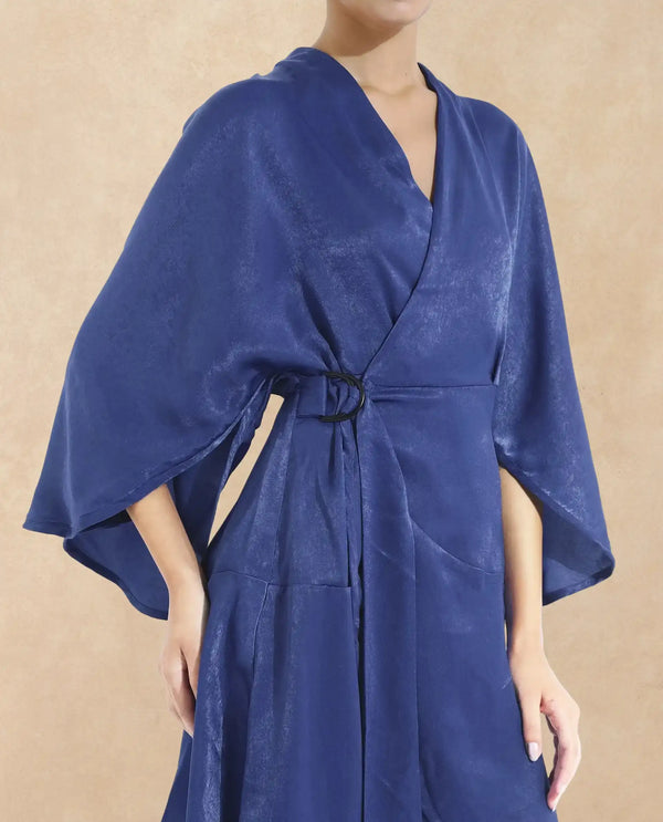 Rareism Women's Alapeno Blue Overlap Neck Tie-Up Closure Bell Sleeve Plain Fit And Flare Mini Dress