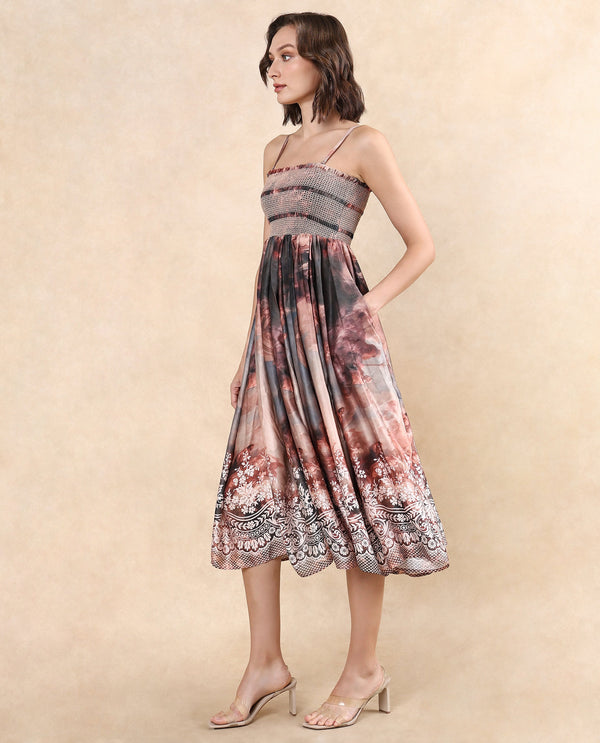 Rareism Women Albania Dusky Multi Satin Sleeveless Tube Neck Fit And Flare Midi Abstract Print Dress