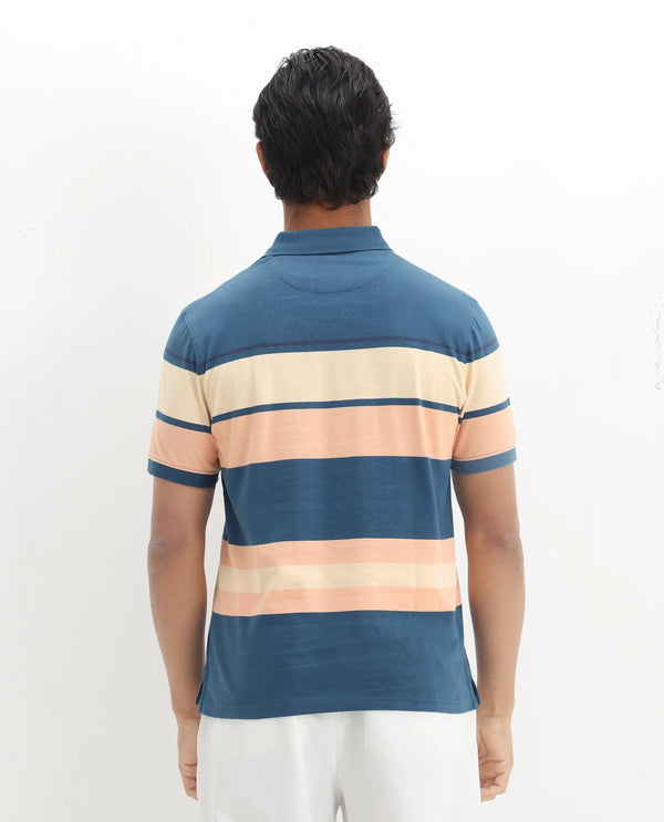 Rare Rabbit Men's Albans Dark Navy Cotton Fabric Collared Neck Half Sleeves Striped Polo