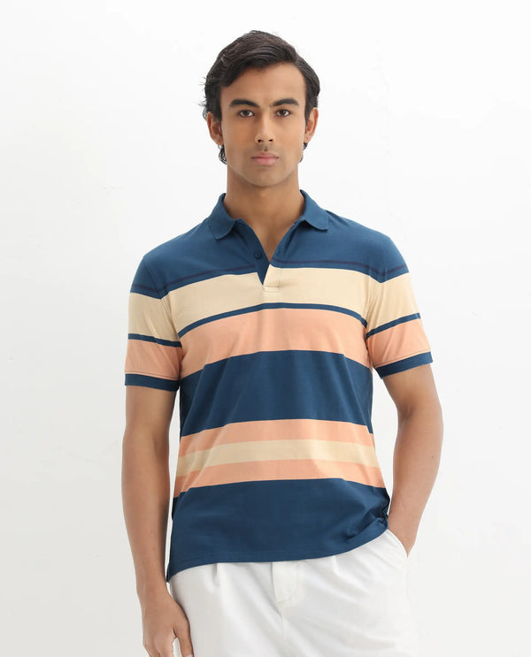 Rare Rabbit Men's Albans Dark Navy Cotton Fabric Collared Neck Half Sleeves Striped Polo