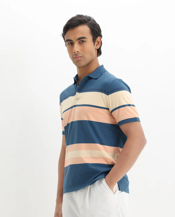 Rare Rabbit Men's Albans Dark Navy Cotton Fabric Collared Neck Half Sleeves Striped Polo